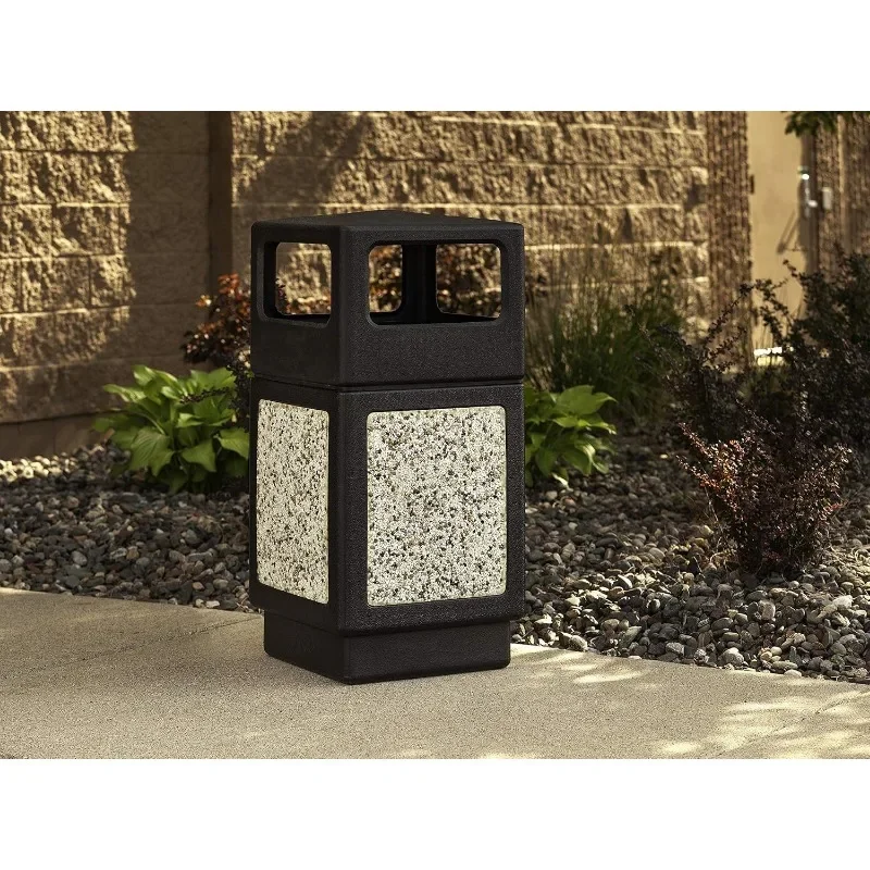 Cubo de basura Safco Canmeleon para uso en interiores y exteriores, receptáculo de basura duradero y resistente a la intemperie con paneles de piedra, 38 galones