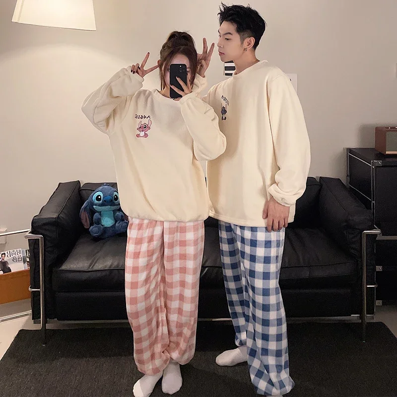 Cartoon Disney couple pajamas winter plush crew neck coral fleece casual two-piece set new men\'s/women\'s Stitch women\'s pajamas