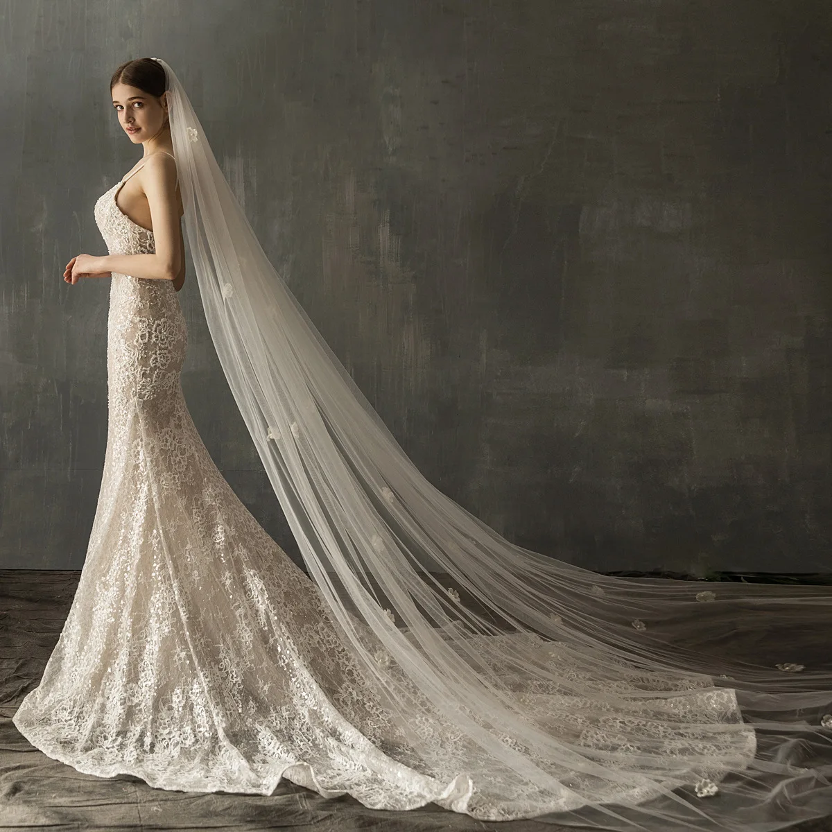 

V641 Super Fairy Hand-Sewn Floral Bridal Long Veil 3m Trailing Chapel Wedding Photography Headpiece