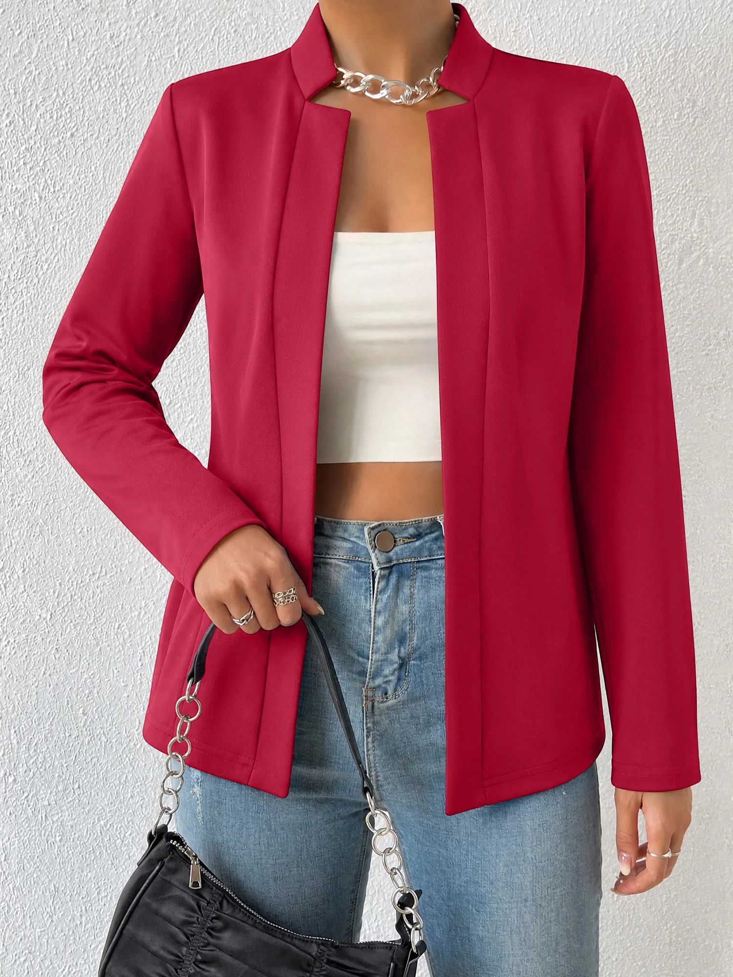 Solid Color Women Long Sleeve Open Front Blazer Stand Collar Slim Fit Casual Office Outer Jacket