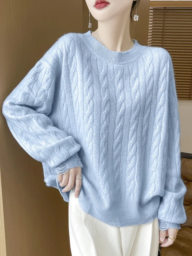 

Autumn Winter O-Neck Twisted Flower Cashmere Pullover Long Sleeve Casual Tops 90% Merino Wool Knitwear Women Sweater Clothing