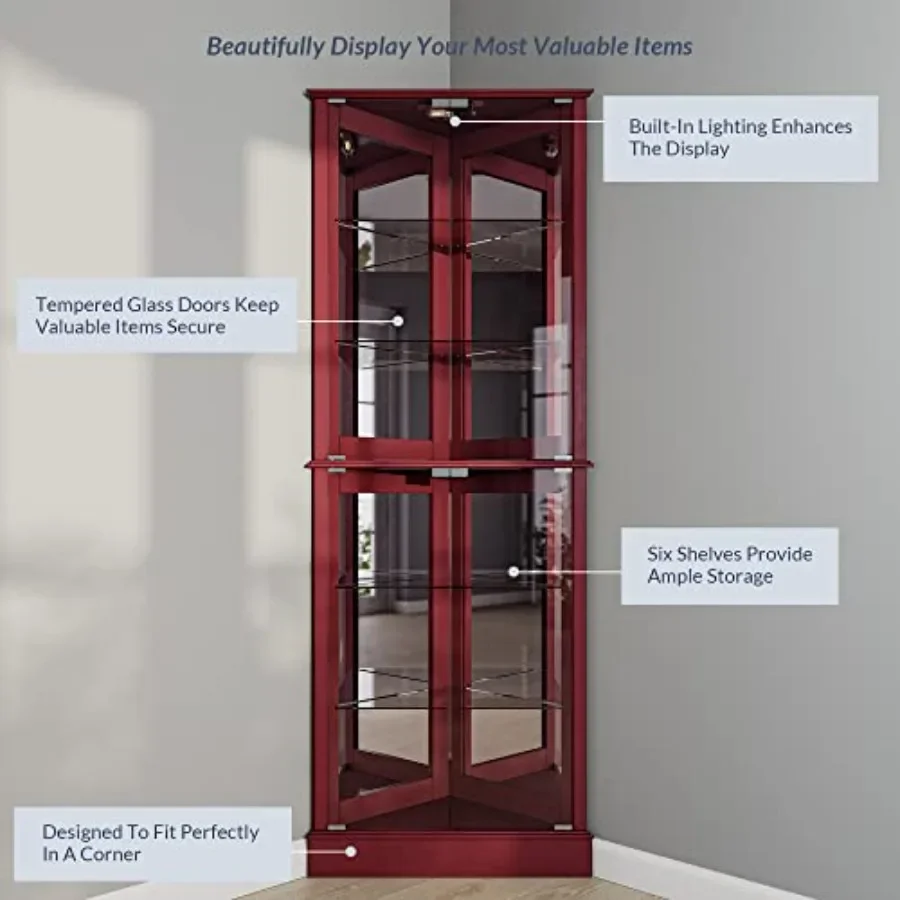 Lighted Corner Display Curio Cabinet for home bar use, wooden material, walnut finish, tempered glass door and 6 adjustable she view 5