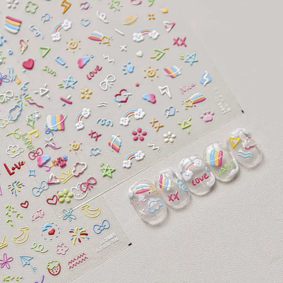 

1pcs Cute Nail Stickers Rainbow Lines Floral Leaf 5D Embossed Nail Slider Self-Adhesive Nail Art Stickers DIY Manicure Decals