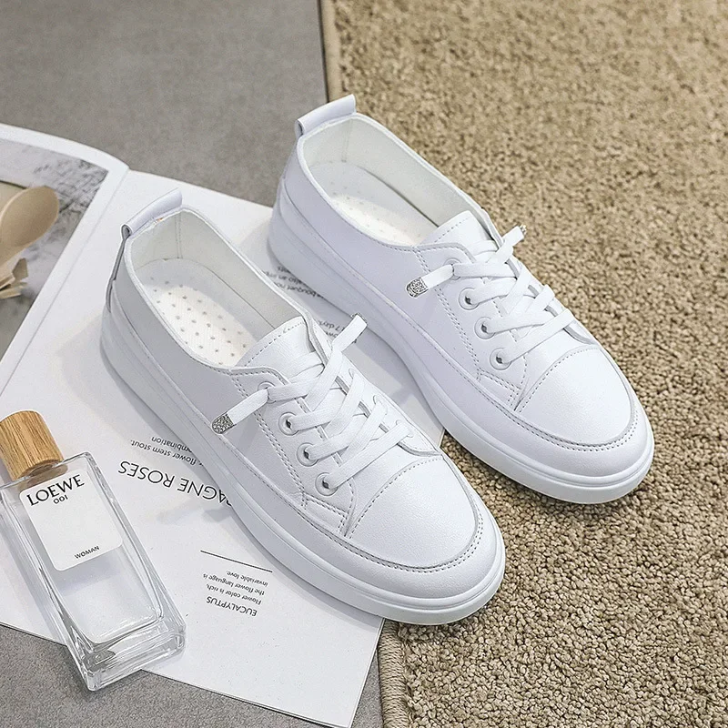 Sapatos de couro vulcanizado para mulheres, tênis casuais, clássicos, cor sólida, branco, moda, novo, primavera