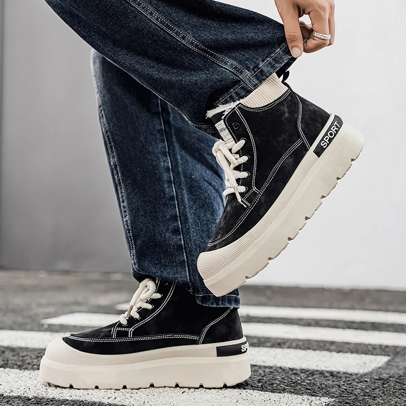 Imagen 5: Botas altas de otoño e invierno para hombre, botas de trabajo con superficie de cuero Retro informales cálidas con forro polar de estilo británico, resistentes al agua