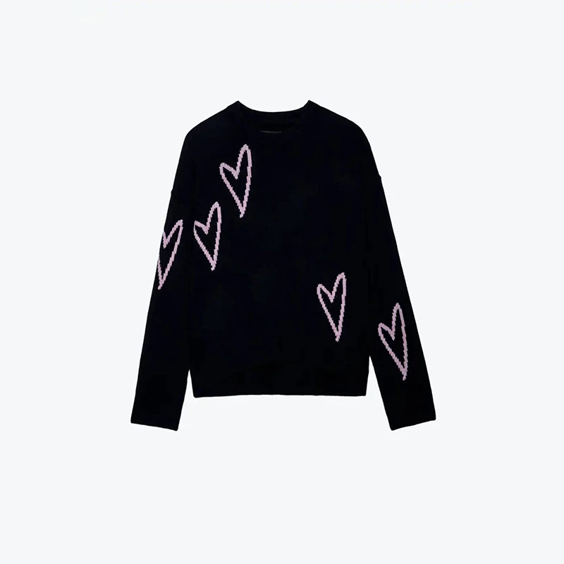 

Zadig Loose Sweater Women Heart Letter Print 100% Cashmere Knitwear Female New Winter O-Neck Long Sleeve Sweater Pullover Top