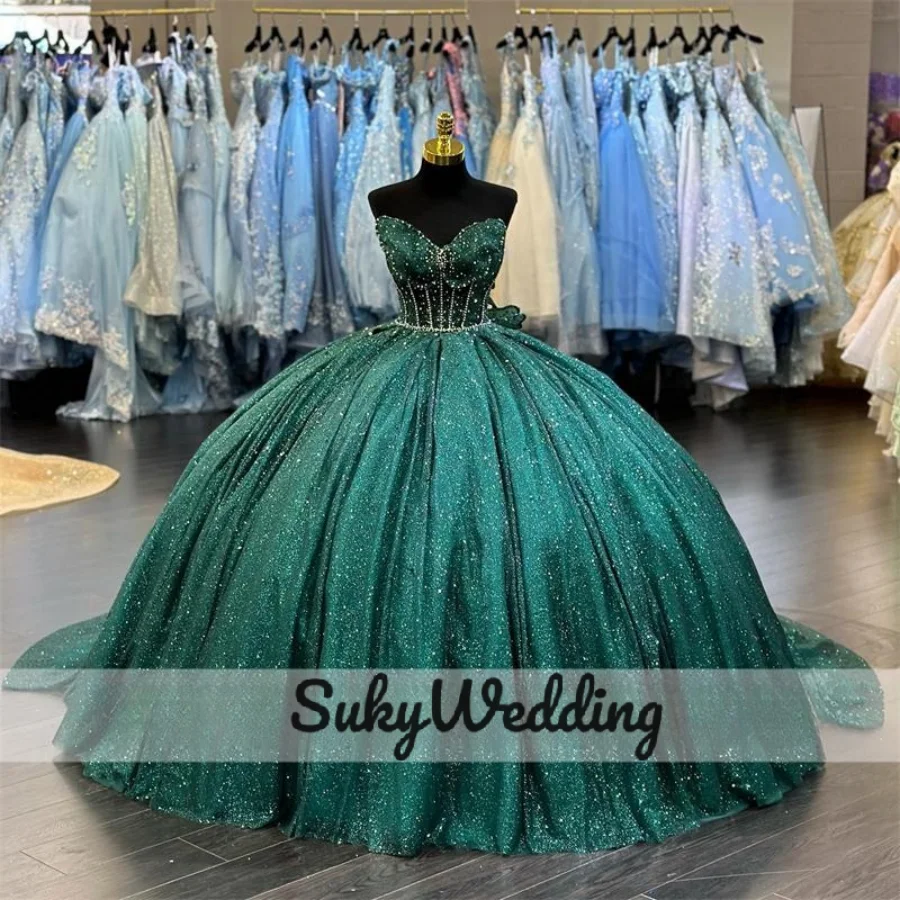 Sparky Emerald Green Quinceanera Dresses with Bow Crystal Sequined Sweet 15 Party Prom Ball Gowns vestidos de quinceañera