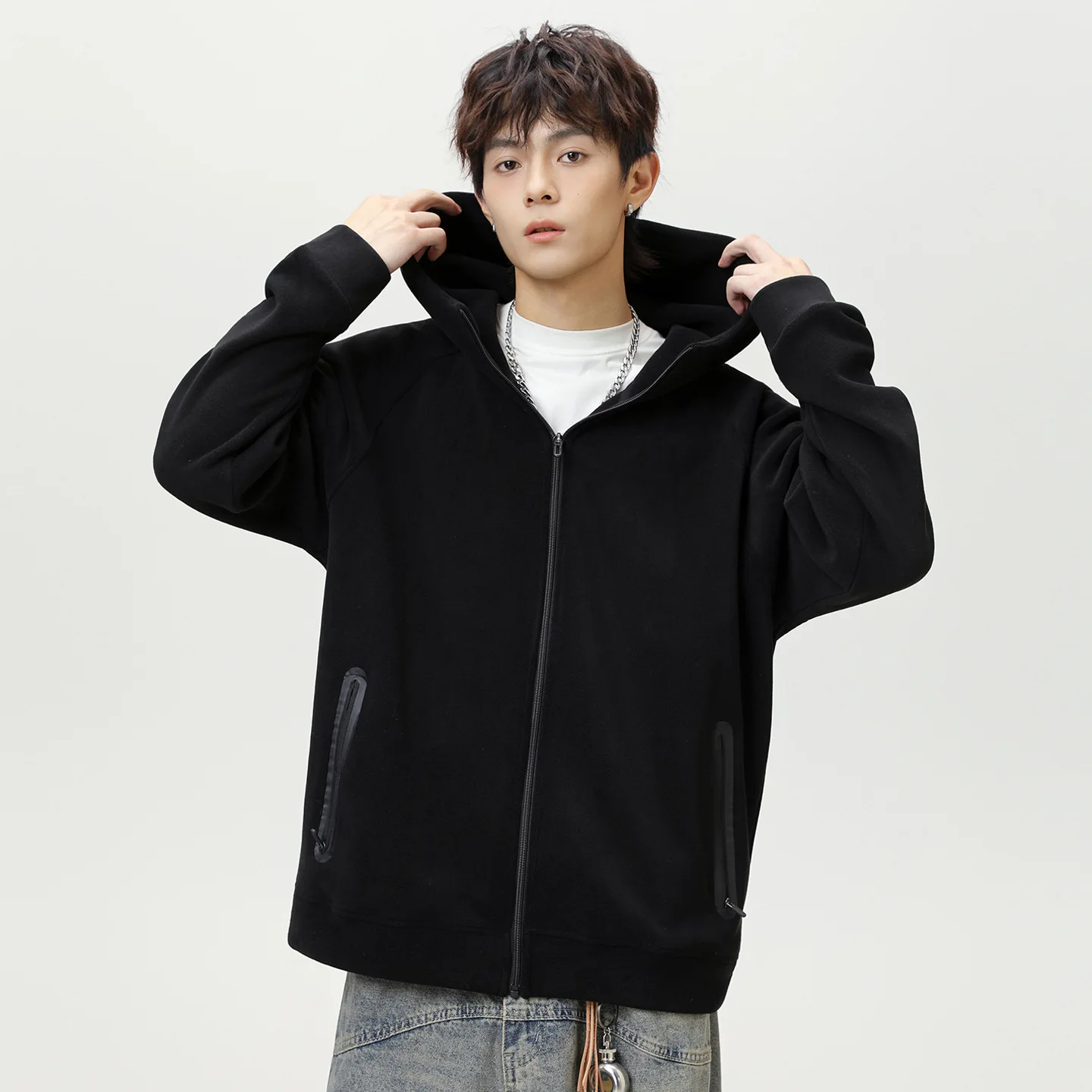 الخريف الشتاء موضة الرجال بلون فضفاض عادية العصرية بسيطة الأساسية سستة قمصان سويت شيرت بقلنسوة الذكور بالأزرار معاطف الملابس