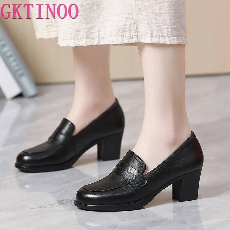 GKTINOO Pumps Women Genuine Cow Leather Round Toe Slip-On Loafers Med Heel Lady Shoes Handmade Women's Work Shoes