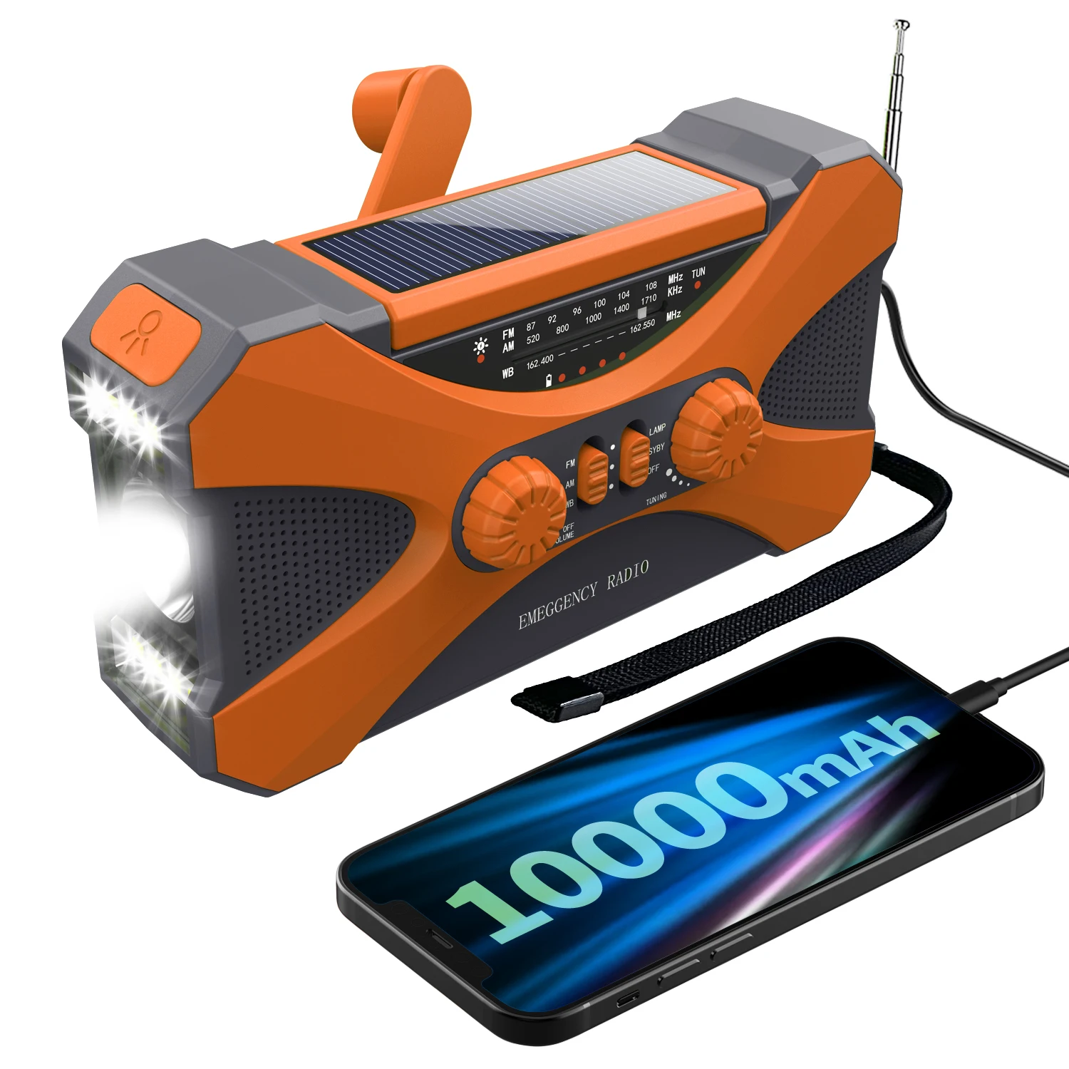 Radio de emergencia de 10000mAh, Radio Solar con manivela, Radio meteorológica portátil AM/FM/NOAA con cargador de teléfono móvil, linterna LED, Rea