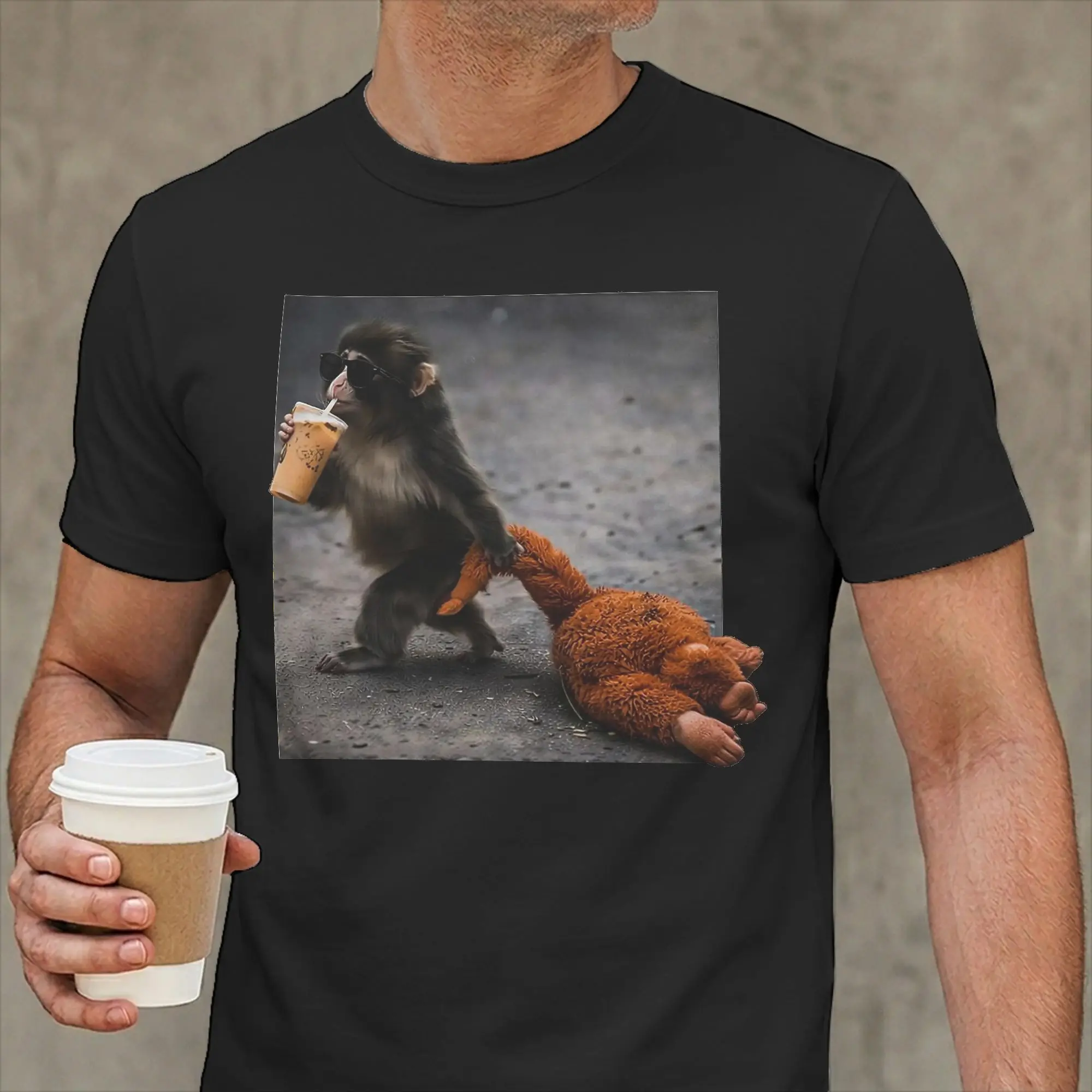 Baby Monkey Punch Drinking Iced Coffee T-Shirt Men  Awesome 100% Cotton Tees Round Collar Short Sleeve T Shirts Original Clothes