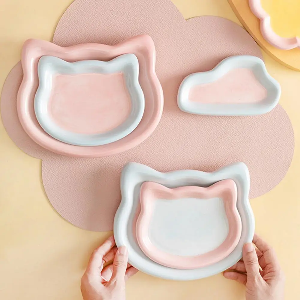 Cat Food Dish Ceramic Cat Feeding Bowl Whisker-friendly Kitten Food Dish Wide Pet Feeder Plate for Dry Wet Meals Flat Cat Plate