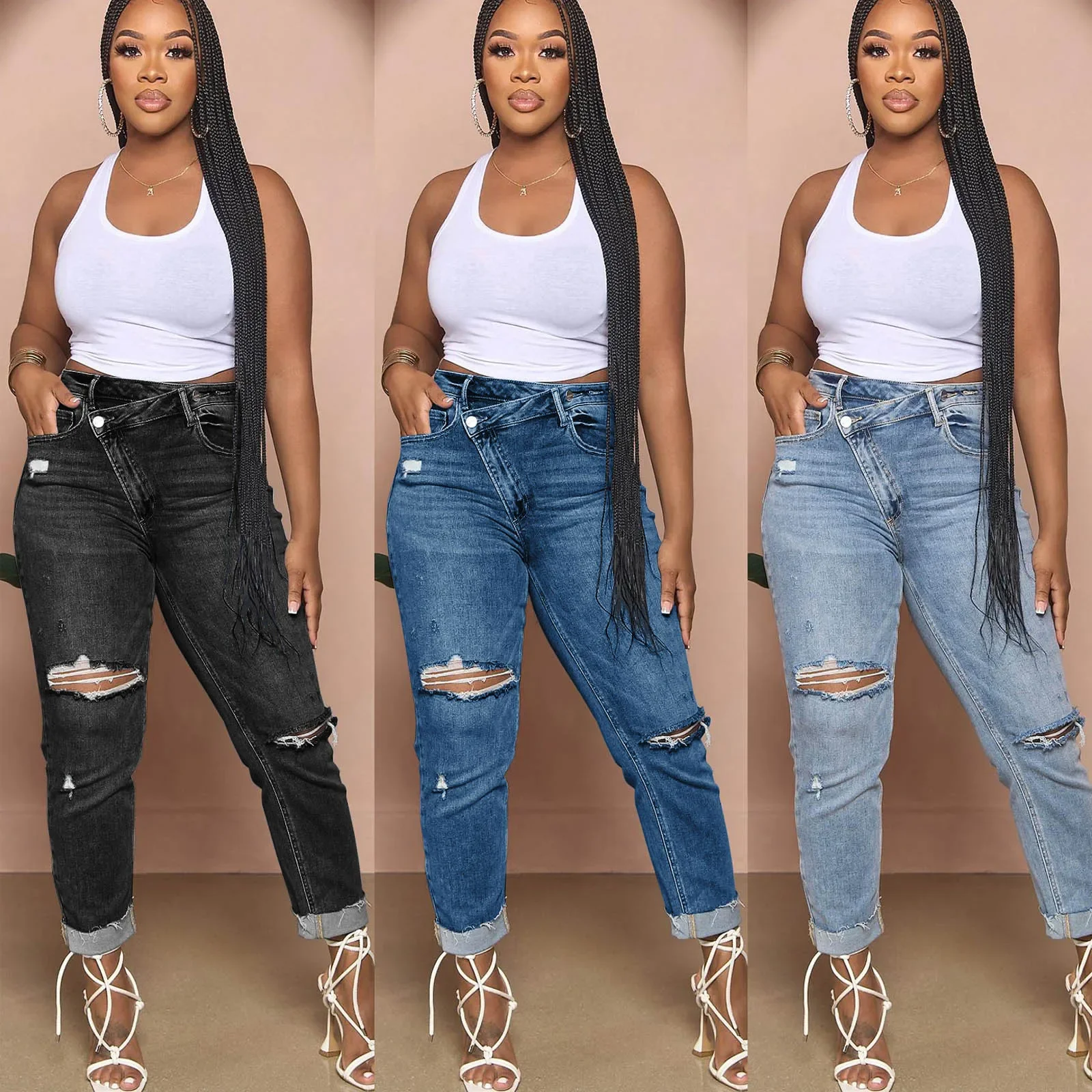 S-3XL New Women's Designer Jeans Split Irregular Waist Tight Fit Women's Jeans Stretch Denim Pants Perforated Denim