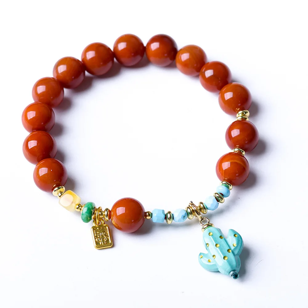 Original Design Nanhong Agate Bracelet With Serpentine Turquoise Cactus Chinese Style Bracelet For Women Gifts