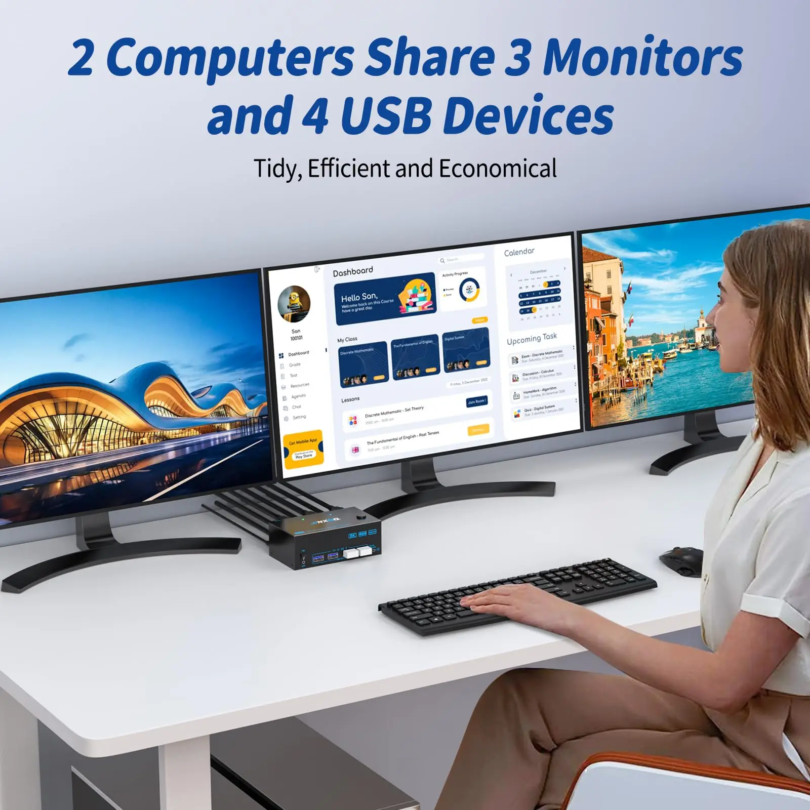 HDMI+2 Displayport KVM Switch 3 Monitors 2 Computers,4K@144Hz Triple Monitor KVM Switch for 2 PC 3 Monitor with 4 USB 3.0 Ports