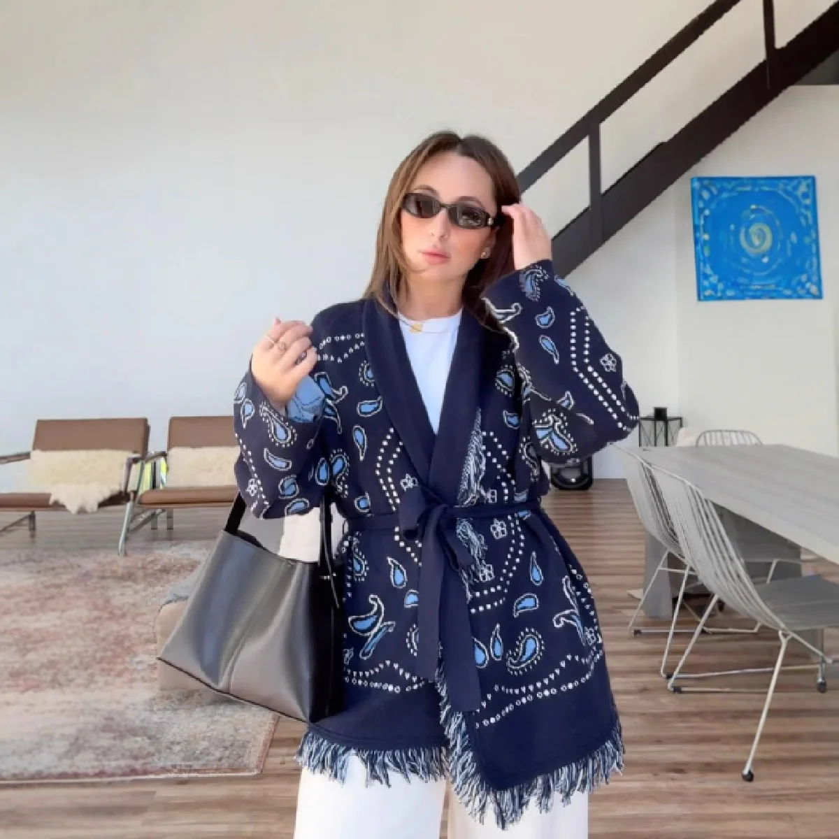 

2025 New Navy Blue Pattern Fringe Tie Belt Cardigan Sweater Women Loose Slim Versatile Outerwear Top​