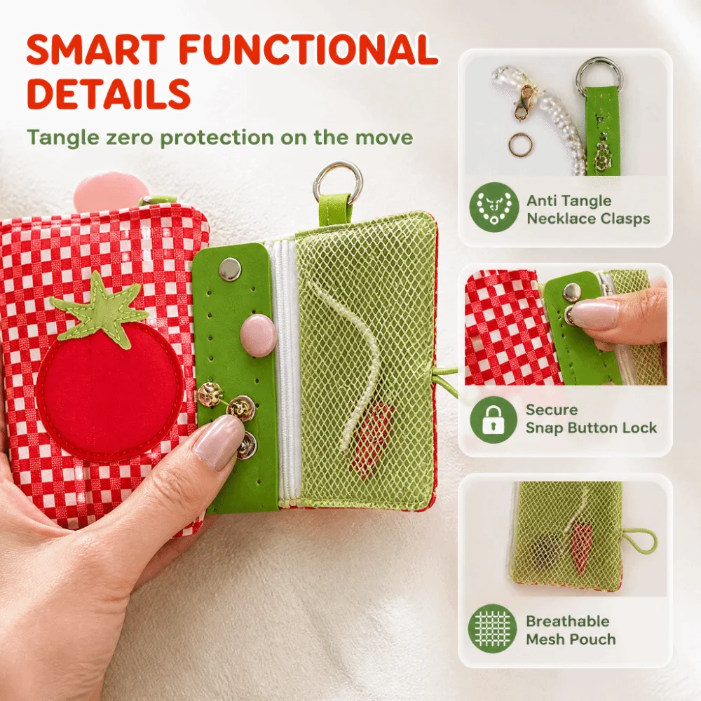 Tomato-Checkered Passport Bag Polyester Portable Mini Document Holder Lightweight Soft Travel Wallet Jewelry Storage