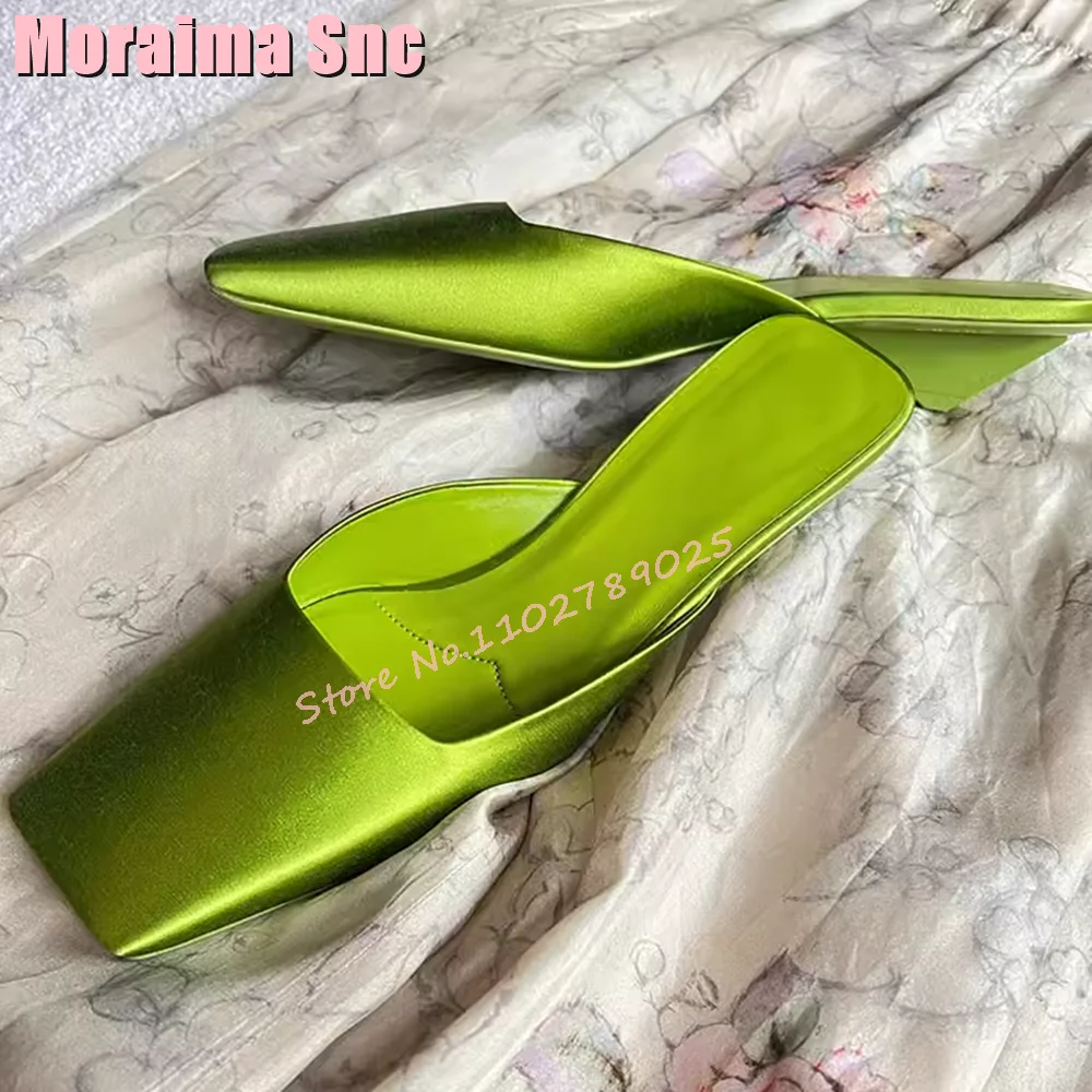 

2024 New Satin Square Toe Mules Strange Kitten Heel Sexy Fashion Women's Shoes Slippers Spring Summer Green French Style Slip On