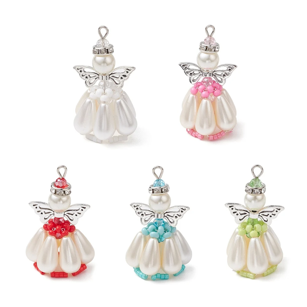20pcs Mixed Pearlized Glass Pearl Beads Angel Beaded Charms Antique Silver Wing Pendants for DIY Earring Necklace Jewelry Making