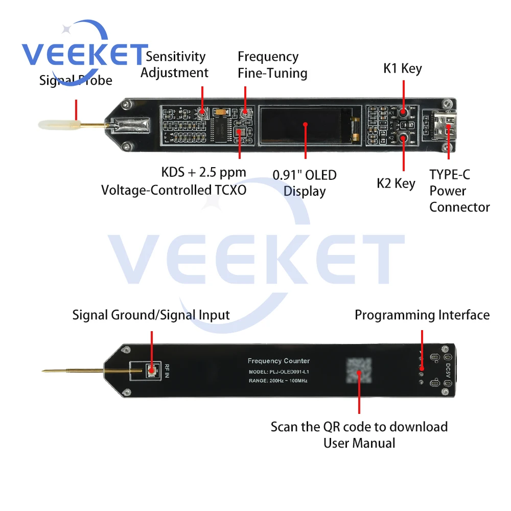 عداد تردد عالي الدقة 200 هرتز - 100 ميجا هرتز مع شاشة OLED مقياس تردد الترددات اللاسلكية المحمول لاختبار مذبذب الكريستال #2