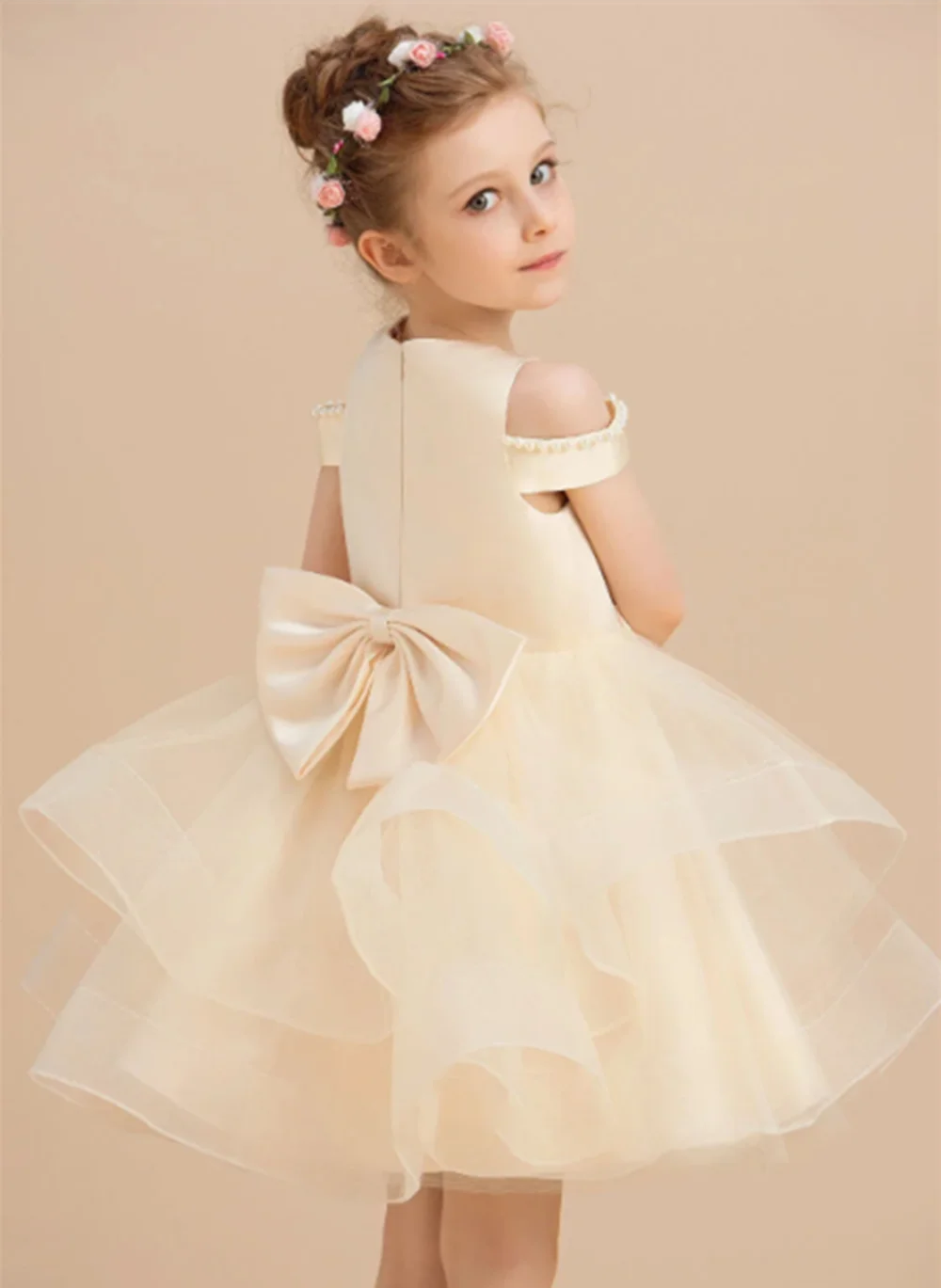 Customized Lvory Flower Girl Dresses For Wedding Off Shoulder Pearls With Bow Elegant Kids Birthday Party First Communion Gown 0