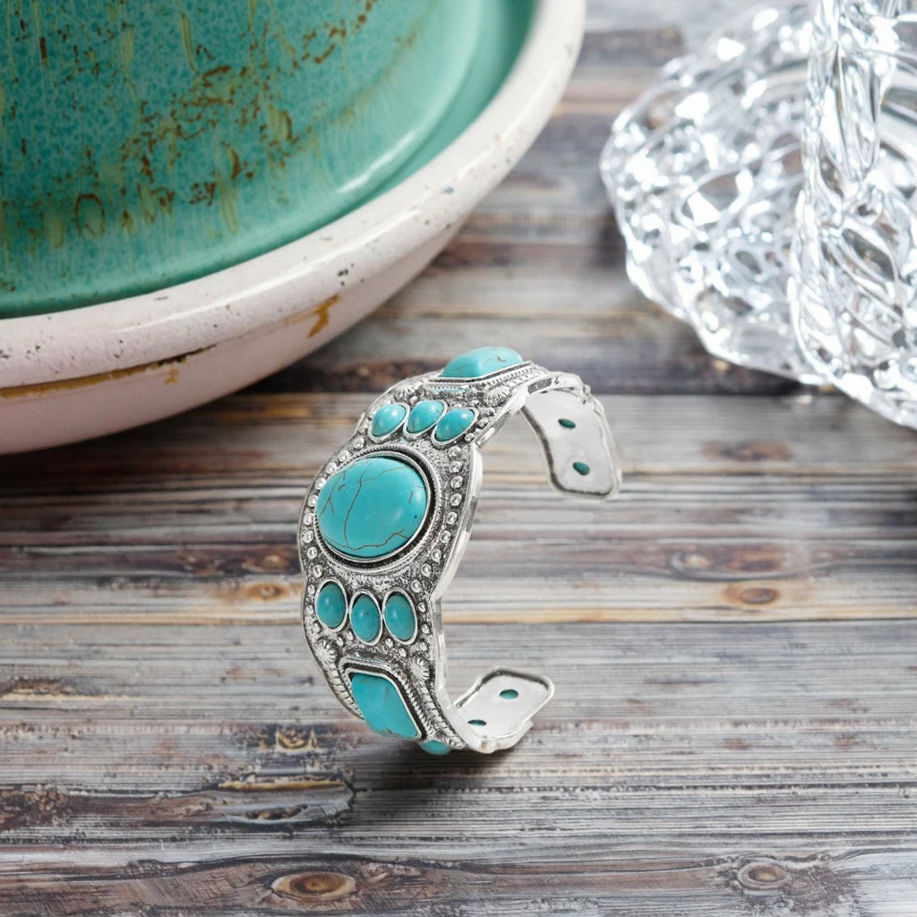 Handcrafted Wide Bangle with Turquoise Stone December Birthstone Bracelet for Daily Wear Bohoturquoise-Inspired Cuff Bracelet