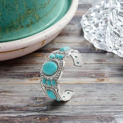 Handcrafted Wide Bangle with Turquoise Stone December Birthstone Bracelet for Daily Wear Bohoturquoise-Inspired Cuff Bracelet