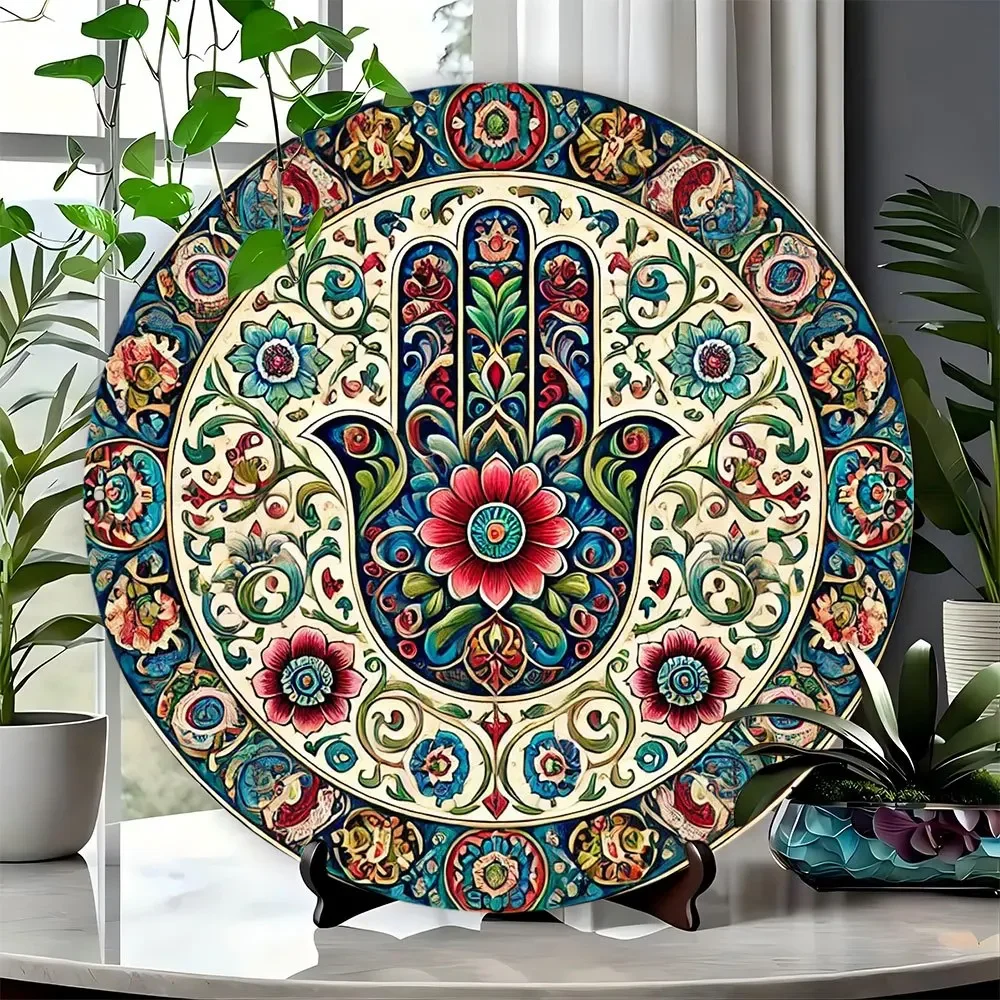 [Rustic Hamsa Art] Rustic 8x8 Inch Aluminum Hamsa Hand Wall Art, 1pc | Round Decorative Plaque with Hebrew Inscription - Multipu