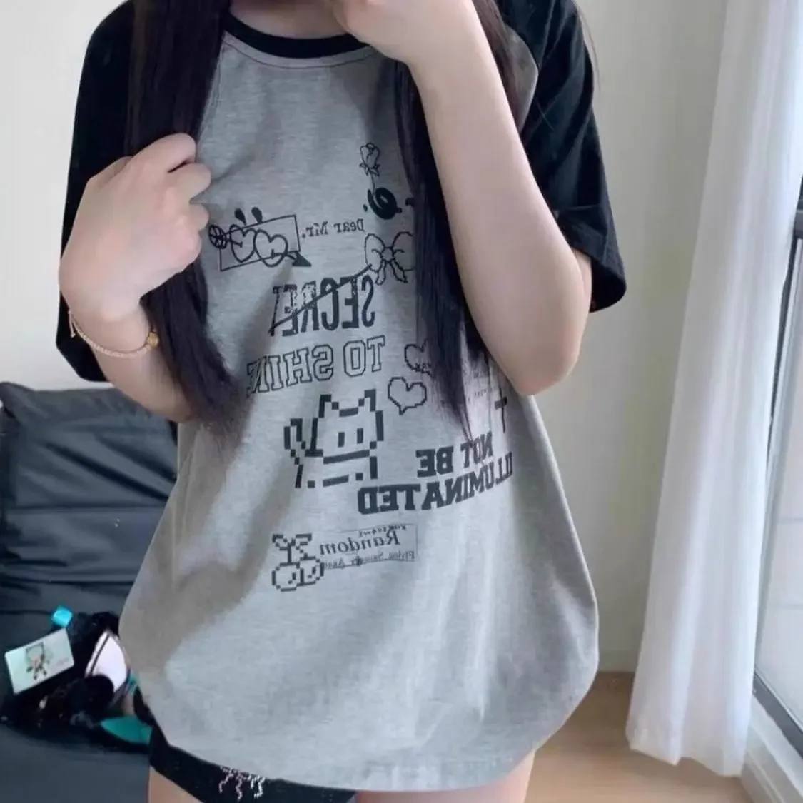 

Японская модная брендовая футболка с короткими рукавами и граффити с котом, женская летняя футболка с короткими рукавами, новинка 202, дизайн субкультуры, Sense Y2k