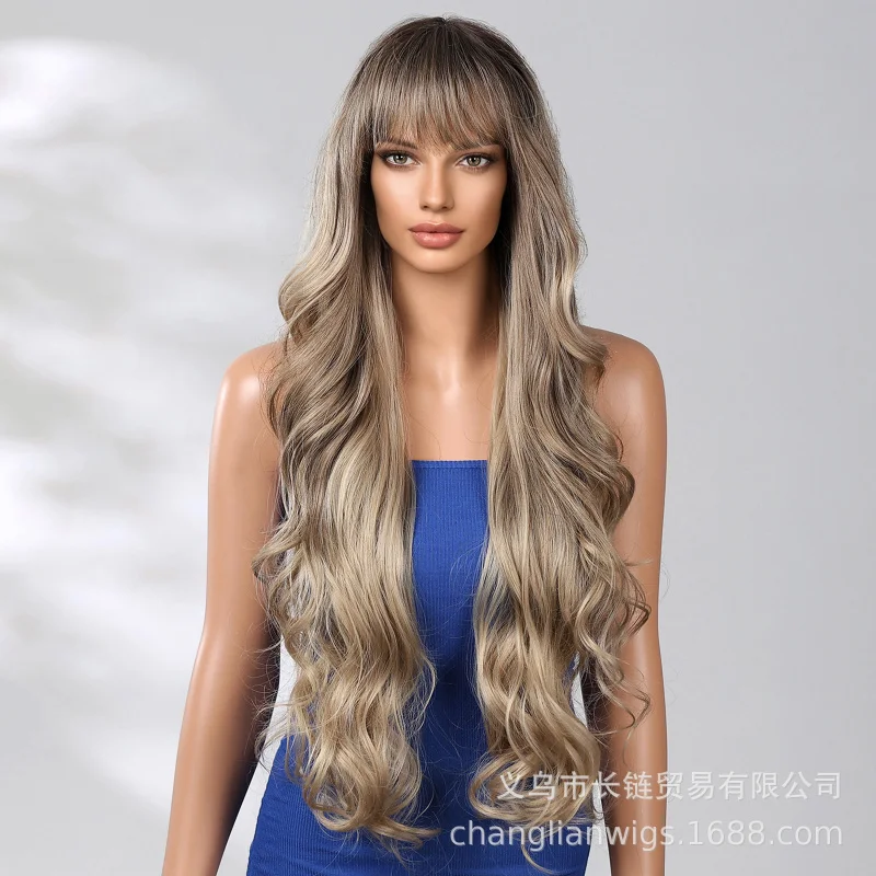 

Полный парик с челкой, крупными волнами, золотистыми длинными кудрявыми волосами, в европейско-американском стиле, модный и естественно объемный.