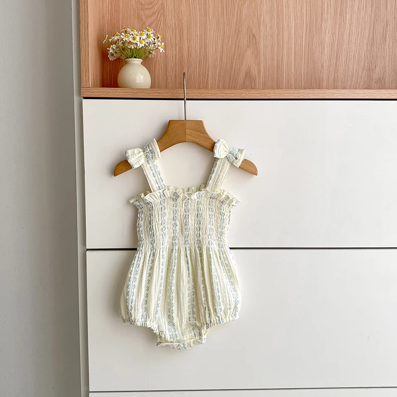 2026 New Summer Baby Cotton Sleeveless Rompers Stripe Clothes Newborn Girls Clothes Toddlers Flower Bow Kids One-pieces Bodysuit