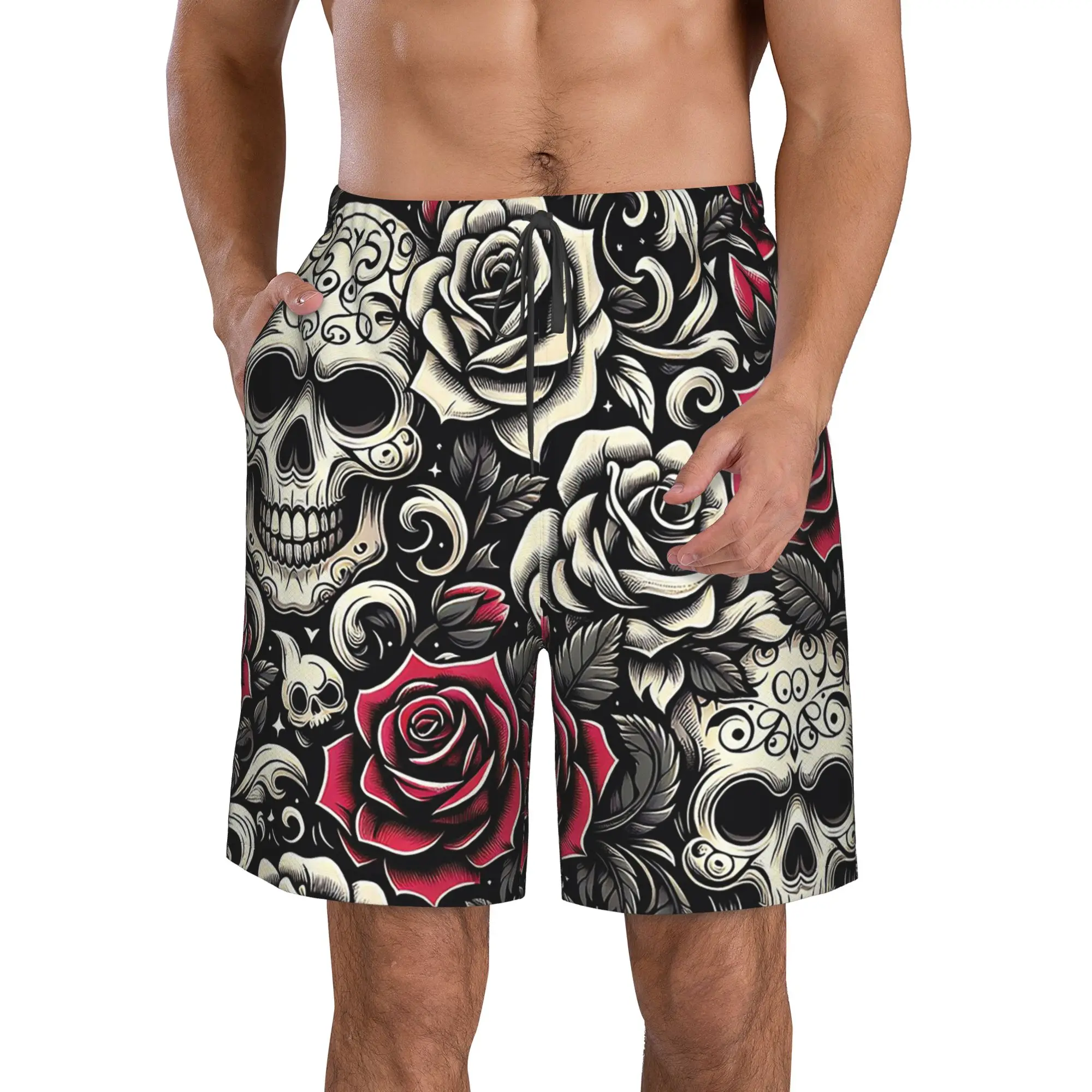 Vintage Skulls & Roses Pattern Trunks Beach Board Shorts Casual Quick Dry Swim Summer Men Pants