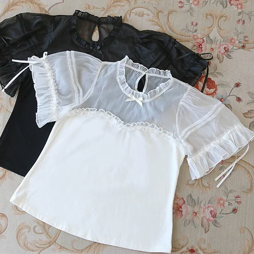 

Japanese Lolita JK Blouse Women Puff Sleeve Patchwork Shirts Sweet Kawaii Bow Blouses Hollow Out Ruffles Blusas Y2k Aesthetic