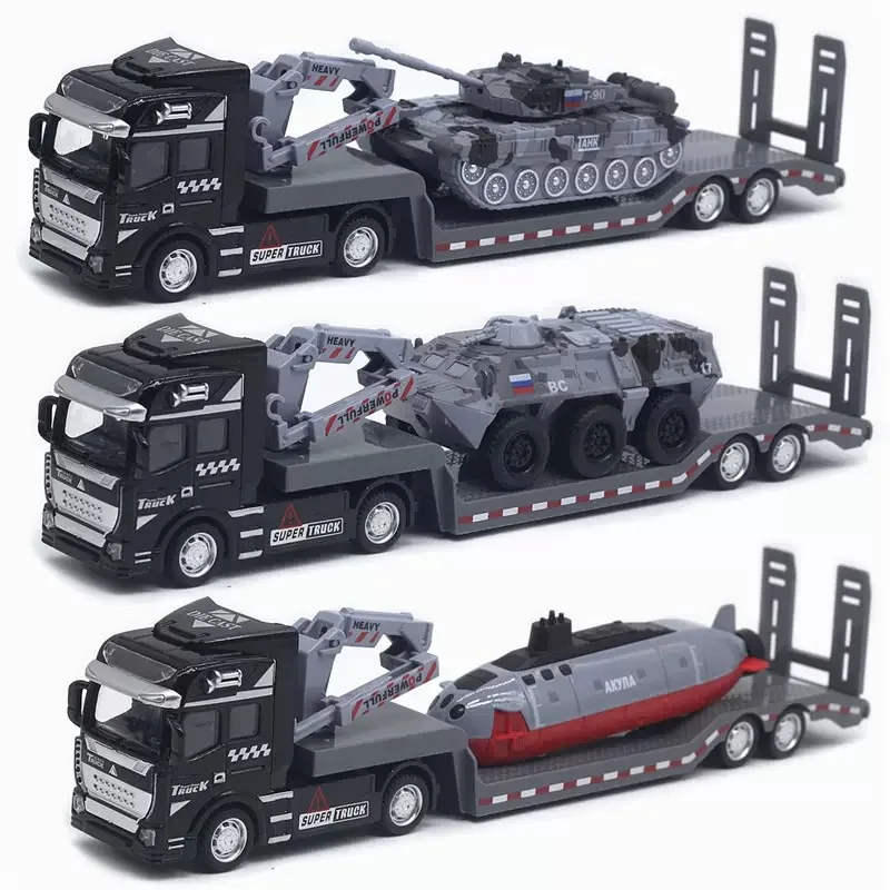 Two pieces per pack. Alloy military flatbed trailer model toy car. Multi-theme city simulation scene toy model. Durable and fun