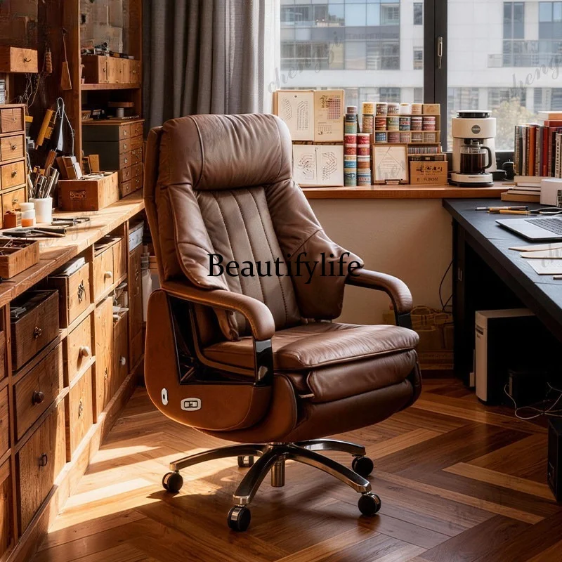 Premium Genuine Leather Executive Office Chair - Reclining Computer Desk Chair for Daytime Work Afternoon Rest Furniture