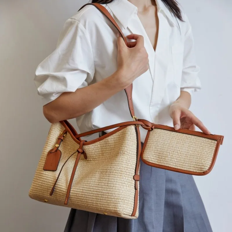 

Women's Beach Essential Bag Straw Woven Tote With Multiple Pockets For Towel Sunscreen Summer Vacation Travel Spacious
