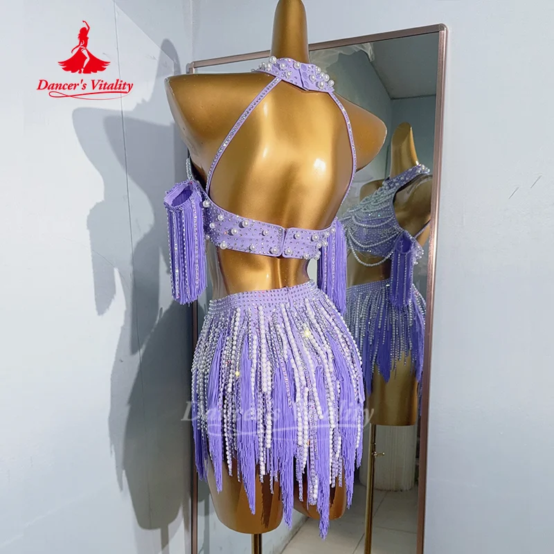 Latin Dance Performance Outfit Customized Exquisite Pearl Tassel Set Adult and Child Tango ChaCha Samba Competition Clothing