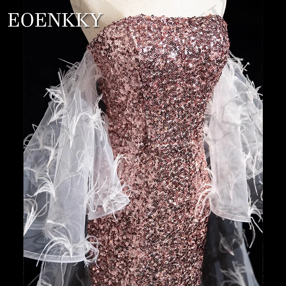 Mermaid Sparkly Evening Dress Feathers Detachable Train Sequined Split Wedding Party Dresses Boat Neck Suknia wieczorowa Mermaid Sparkly  Suknie ślubne z odpinanym trenem i cekinami na szyi łódki