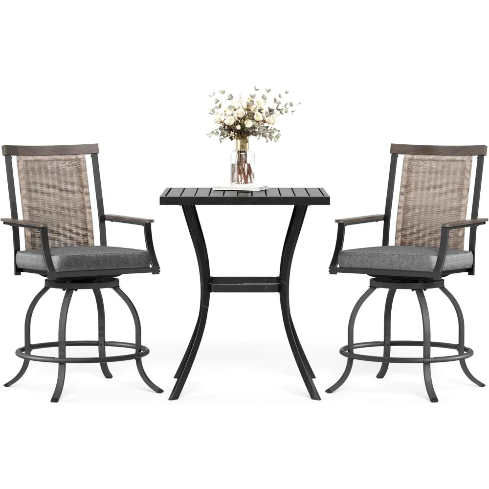 

3-Piece Outdoor Bar Set with 2 Swivel Wicker Rattan Cushion Chairs and 1 Metal Table, Perfect Patio Counter Height Table and Ch