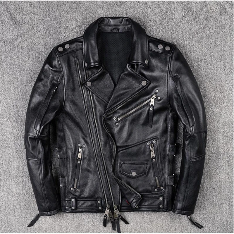 

DHL Free Shipping Motorcycle Genuine Leather Black Jacket Men Plus Size Real Thick Cowhide Autumn Slim Fit Natural Biker's Coat