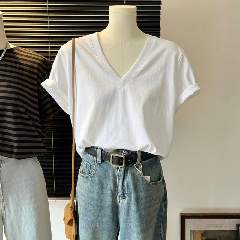 Women's Short Sleeve T-shirt  Fashion V-neck Loose Versatile Tops 2025 Summer New Ladies Harajuku Cotton Print Tees