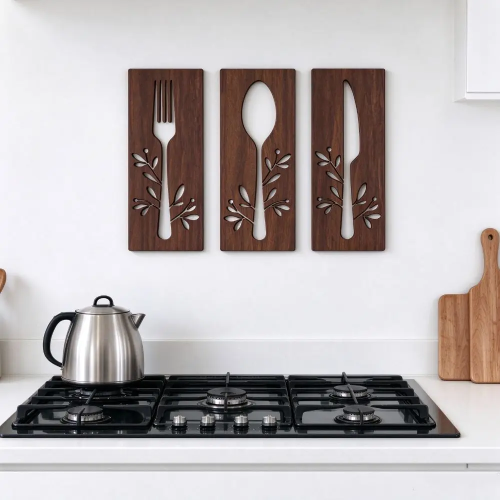 3pcs Fork Kitchen Utensil Wooden Ornament Spoon Decorative Wall Sticker Hangings Rustic Style Hollow Out Creative Wall Art