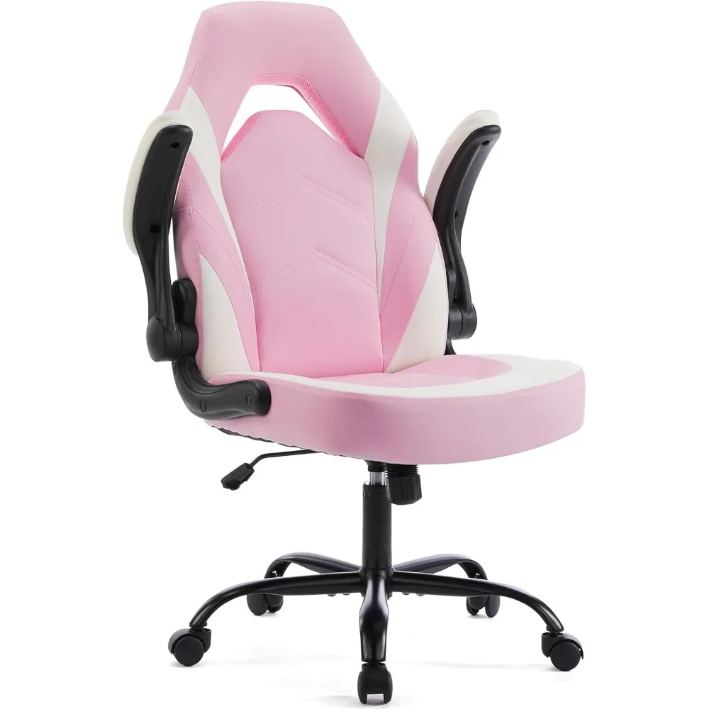 

Computer Gaming Desk Chair - Pink Ergonomic Office Executive Adjustable Swivel Task PU Leather Racing Chair with Flip-up Armres