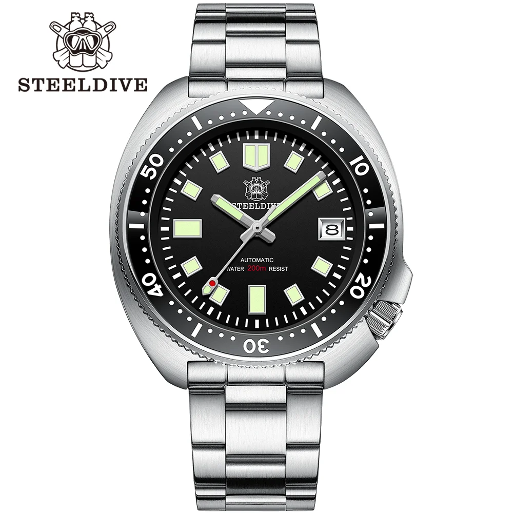 Relógio de Mergulho Masculino SD1970 Steeldive com Mostrador Sunray, Pulseira com Fecho Fresado, Caixa de 44mm, 200M à Prova d'Água, NH35 Turtle com Bezel de Cerâmica