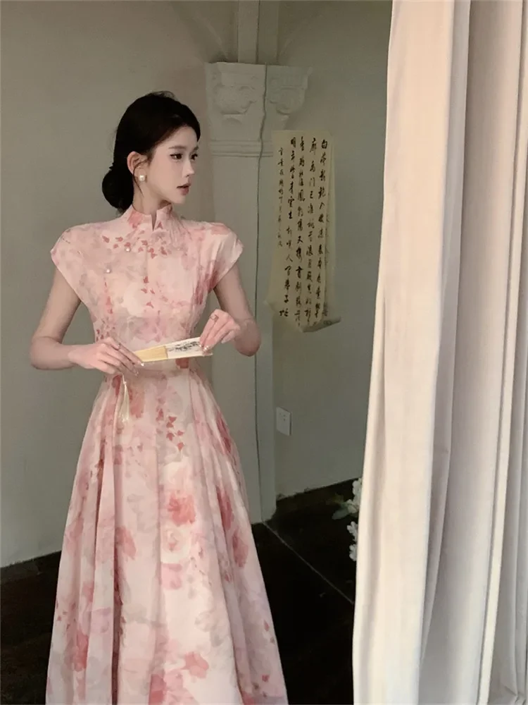 

Chinese Cheongsam Chipao Elegant Dress Pink Floral Print Slim Party Dress New Summer Short Sleeve Stand Collar A Line Dress