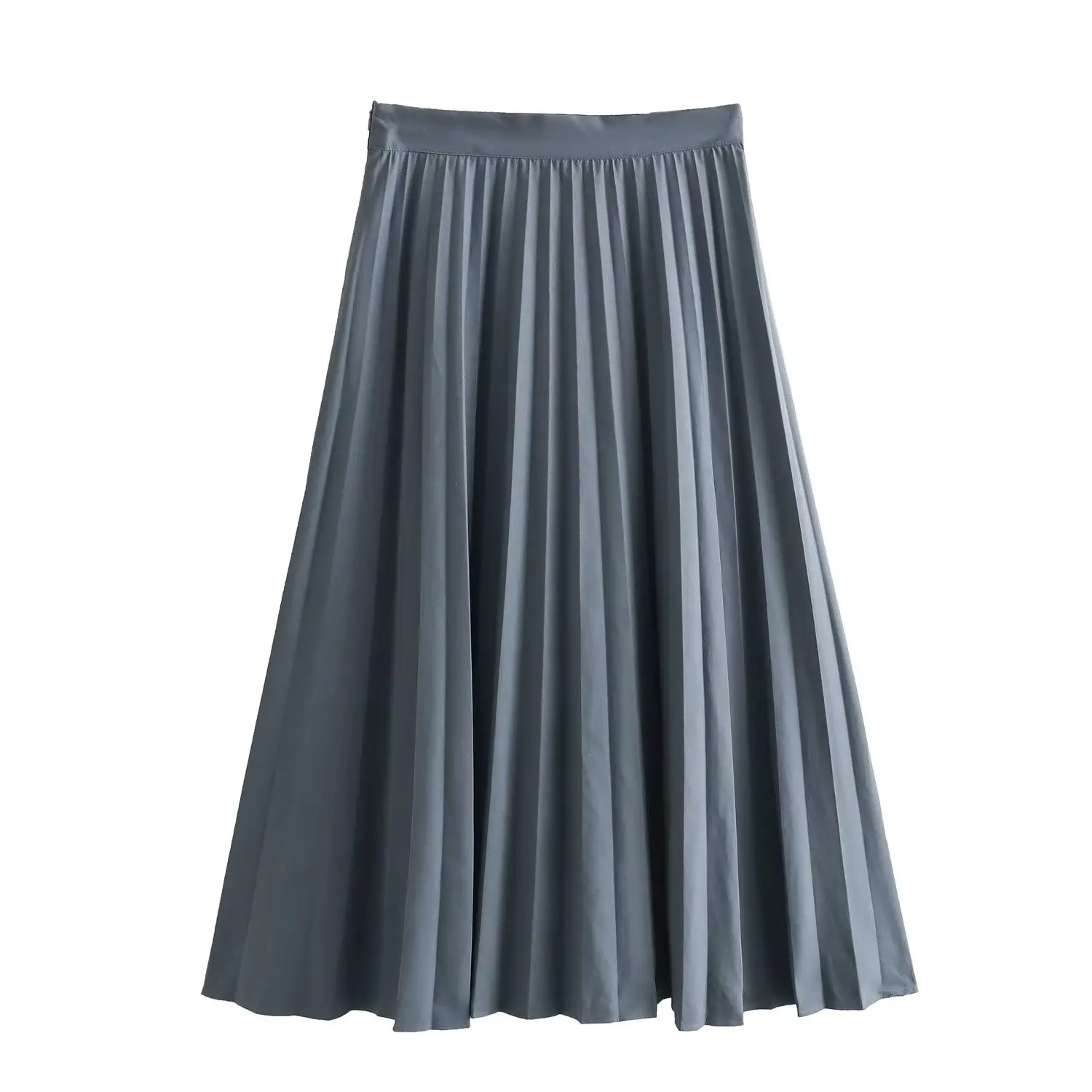 

Maxdutti Fashion Simple New Midi Skirt Women British Blue Pleated Skirt High Waist A-line