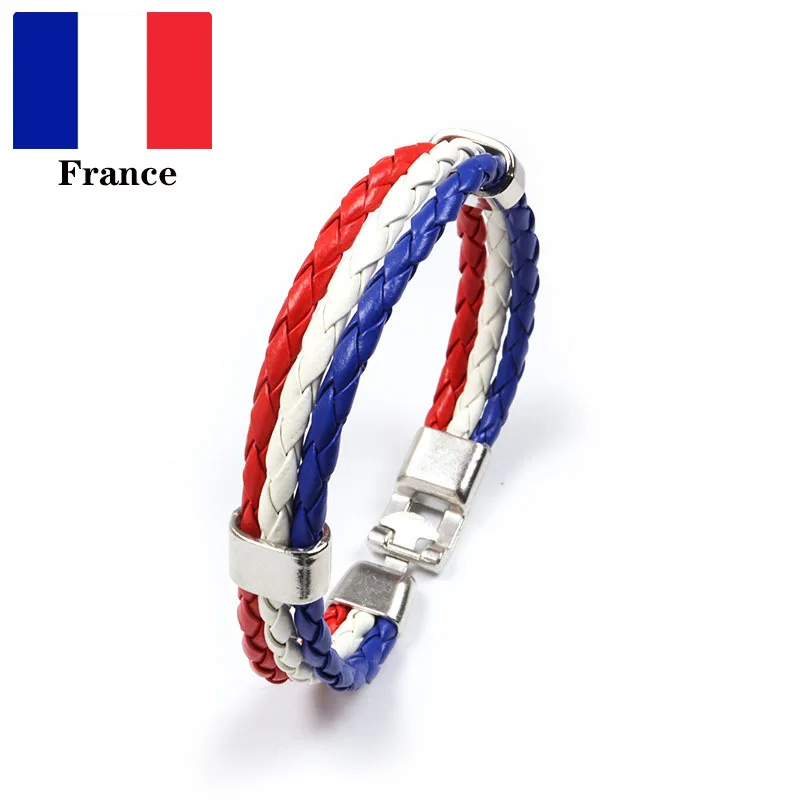 Stainless Steel Woven National Flag PU Leather Bracelet Football Worldwide Country Bracelet Spain France Italy Colombia Bracelet