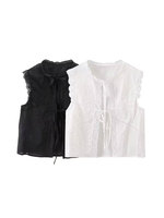 TRZA-Women's Lace Embroidery Blouses, O Neck, Sleeveless, Front Tied, Female Shirts, Chic Tops, Fashion