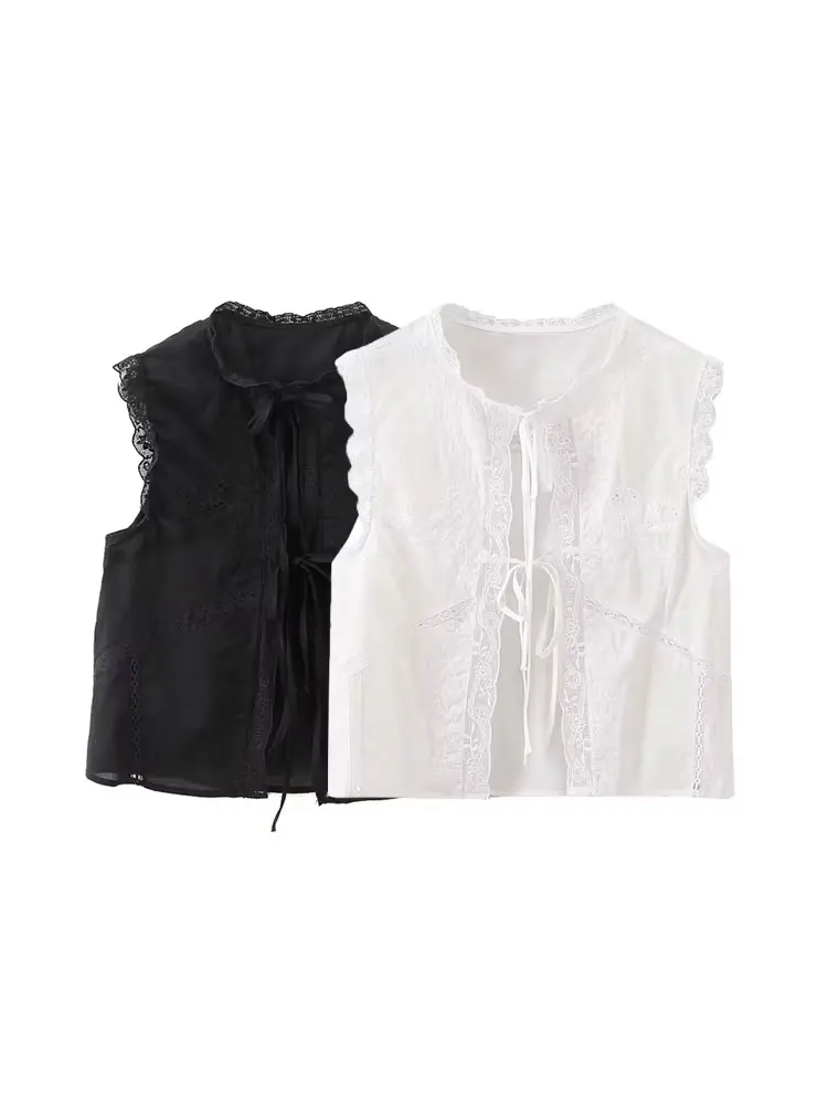 TRZA-Women's Lace Embroidery Blouses, O Neck, Sleeveless, Front Tied, Female Shirts, Chic Tops, Fashion