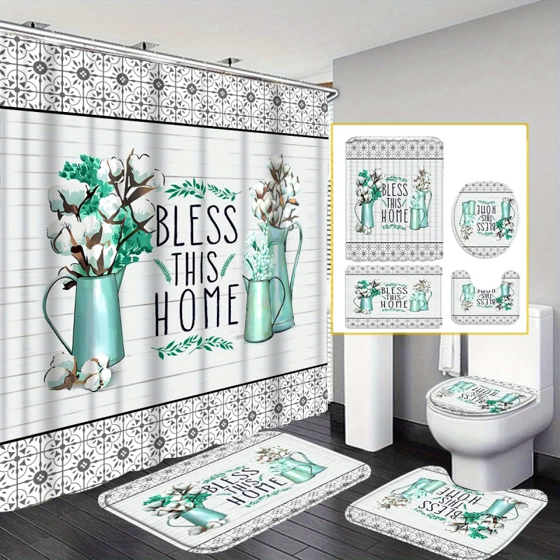 1pcs/4pcs Vases and Flowers Shower Curtain Gift Modern Home Bathroom Decoration Curtain and Toilet Floor Mat 3-piece Set with 12